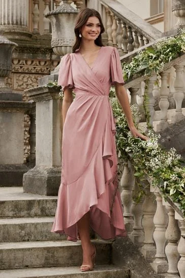 Lipsy Pink Flutter Sleeve Wrap Front Bridesmaid Maxi Dress