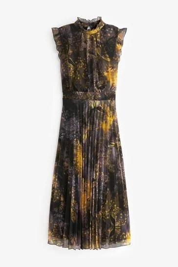 Black/Yellow Pleated Mesh Floral Occasion Midi Dress