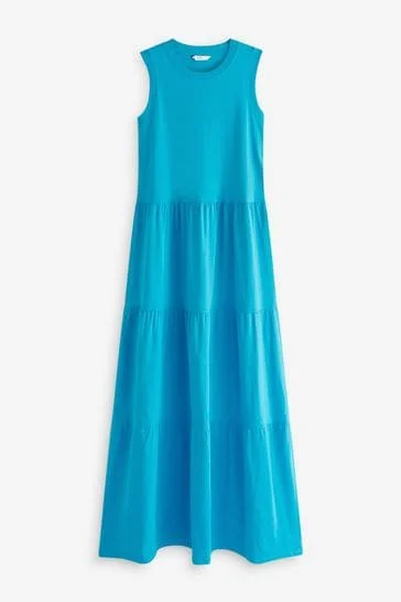 Bright Blue Sleeveless Crew Neck Tiered Summer Maxi Dress