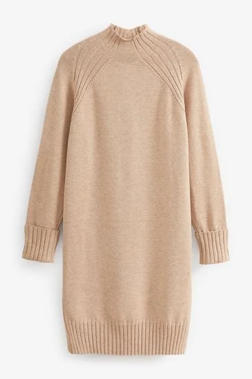 Camel Brown Rib Knit High Neck Midi Jumper Dress