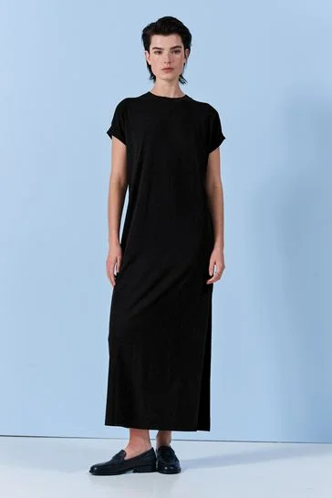 Black Cap Sleeve Crew Neck Maxi T-Shirt Dress