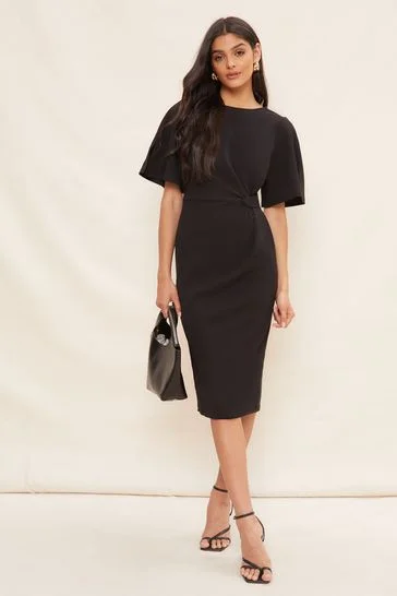 Friends Like These Black Tailored Knot Detail Flutter Sleeve Midi Dress