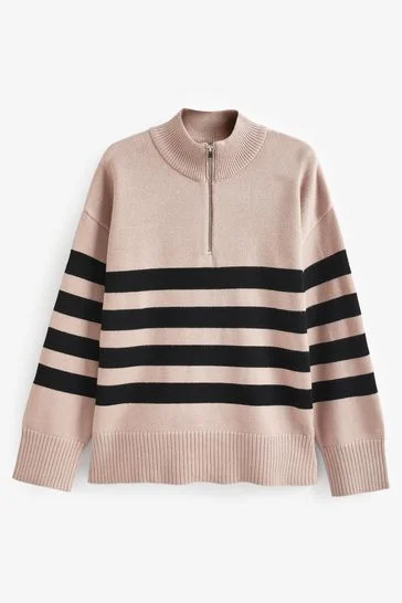 Beige Stripe Half Zip Knit Jumper